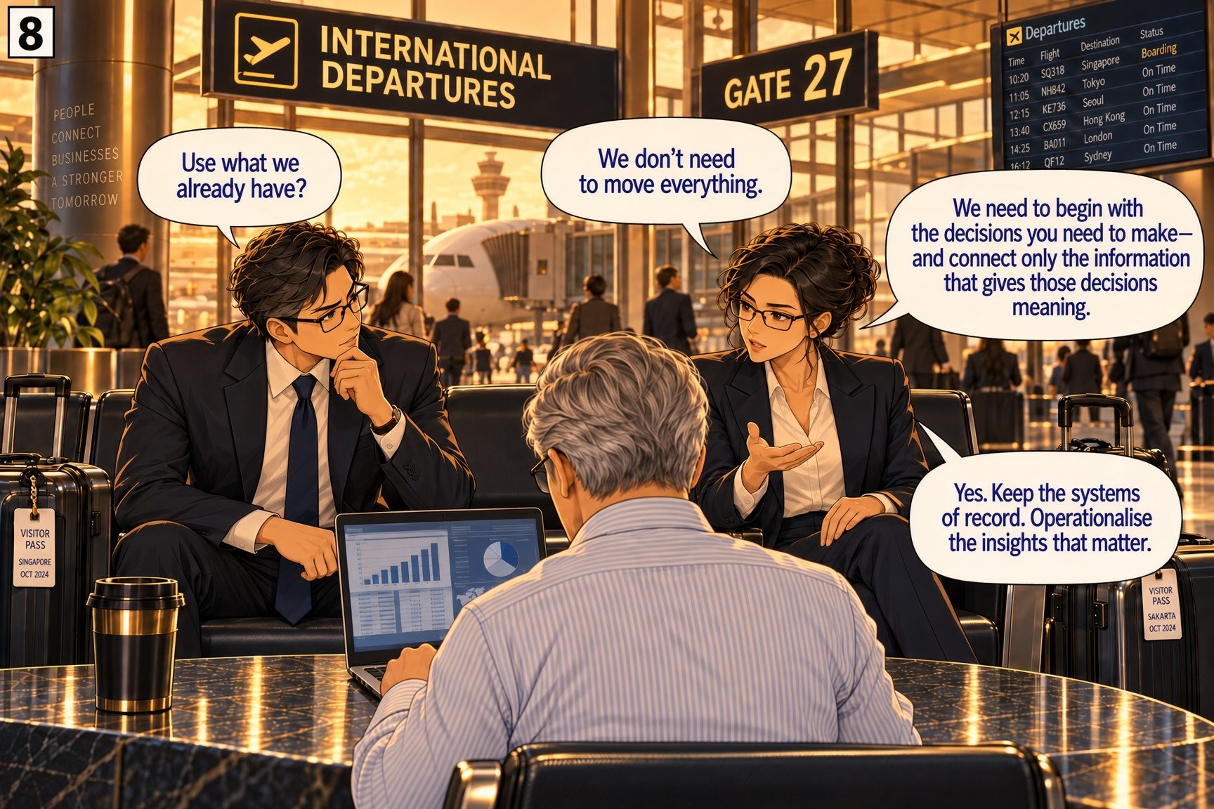 The conversation continues: use what we already have. We don't need to move everything; begin with the decisions you need to make and connect only the information that gives those decisions meaning. Keep the systems of record and operationalise the insights that matter.