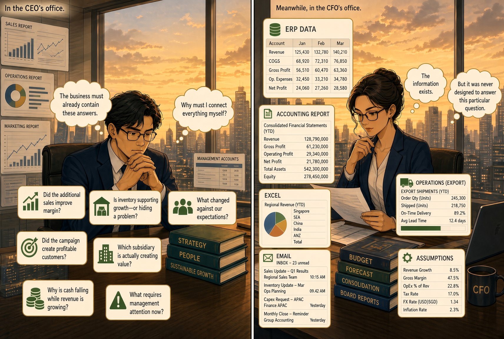 Two panels. In the CEO's office, an owner sits among sales, operations and marketing reports, surrounded by questions: did the additional sales improve margin, is inventory supporting growth or hiding a problem, what changed against our expectations, did the campaign create profitable customers, which subsidiary is actually creating value, why is cash falling while revenue is growing, what requires management attention now. He thinks: the business must already contain these answers, so why must I connect everything myself? Meanwhile, in the CFO's office, the finance leader is surrounded by ERP data, the accounting report, an Excel regional revenue file, an operations export, emails and assumptions. She thinks: the information exists, but it was never designed to answer this particular question.