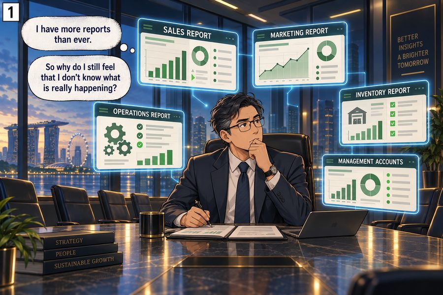 Panel 1 — A manager sits at his desk surrounded by floating report windows: Sales Report, Marketing Report, Operations Report, Inventory Report, Management Accounts. 'I have more reports than ever. So why do I still feel that I don't know what is really happening?'
