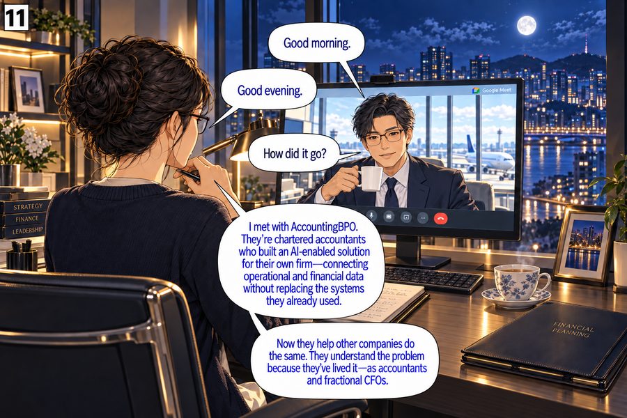 Panel 11 — A video call between the business owner and her colleague. 'Good morning.' 'Good evening.' 'How did it go?' 'I met with AccountingBPO. They're chartered accountants who built an AI-enabled solution for their own firm — connecting operational and financial data without replacing the systems they already used. Now they help other companies do the same. They understand the problem because they've lived it — as accountants and fractional CFOs.'