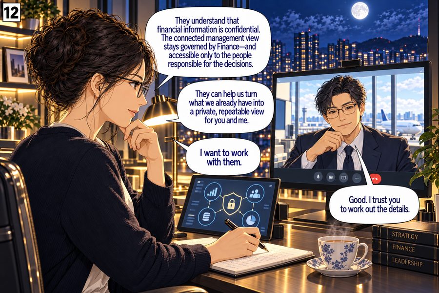 Panel 12 — 'They understand that financial information is confidential. The connected management view stays governed by Finance — and accessible only to the people responsible for the decisions.' 'They can help us turn what we already have into a private, repeatable view for you and me.' 'I want to work with them.' 'Good. I trust you to work out the details.'