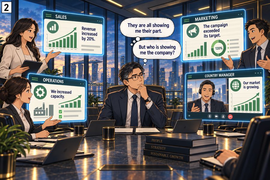 Panel 2 — A video call with Sales, Marketing, Operations and a Country Manager, each proudly showing their own report: revenue up 20%, campaign exceeded target, capacity increased, market growing. The manager in the middle thinks: 'They are all showing me their part. But who is showing me the company?'
