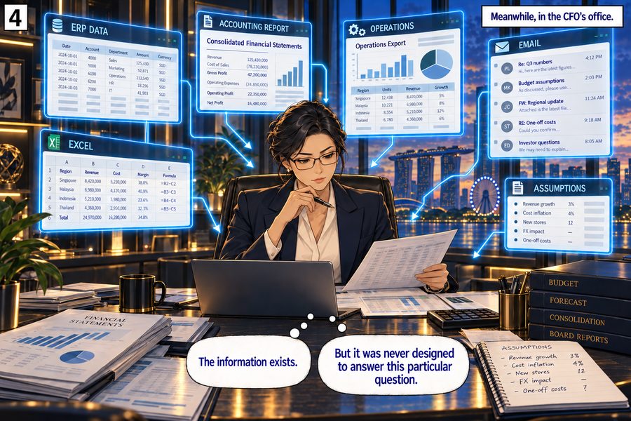 Panel 4 — Meanwhile, in the CFO's office: ERP data, an accounting report, an operations export, an Excel model, a wall of emails, and a page of assumptions all surround her as she cross-checks a printed report. 'The information exists. But it was never designed to answer this particular question.'