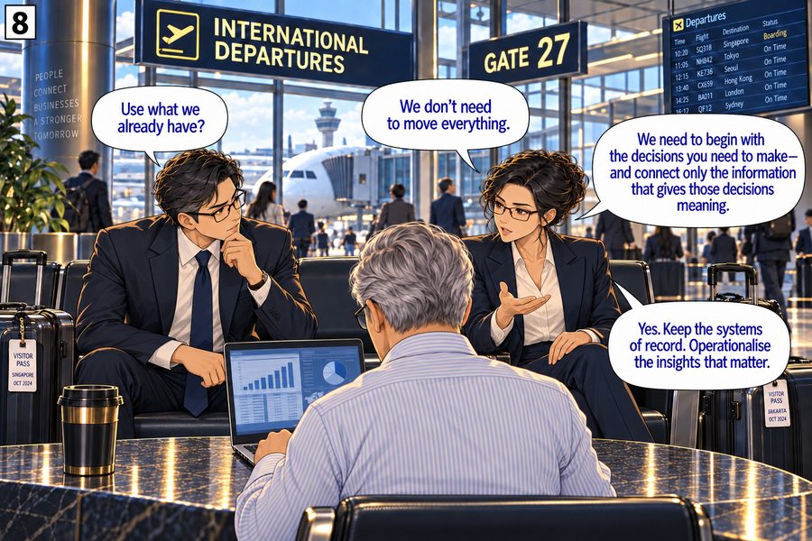 Panel 8 — Still at the gate: 'Use what we already have?' 'We don't need to move everything.' 'We need to begin with the decisions you need to make — and connect only the information that gives those decisions meaning.' 'Yes. Keep the systems of record. Operationalise the insights that matter.'
