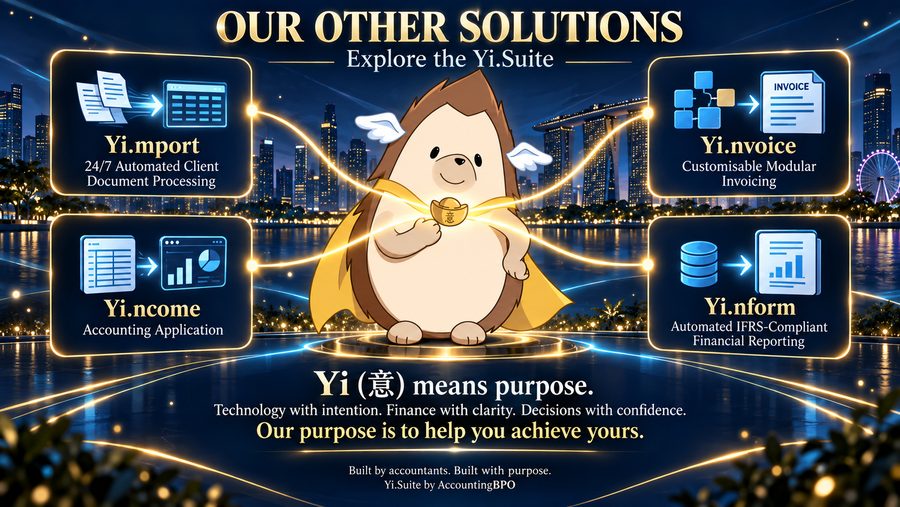 Our other solutions — explore the Yi.Suite. Yi.mport: 24/7 automated client document processing. Yi.nvoice: customisable modular invoicing. Yi.ncome: accounting application. Yi.nform: automated IFRS-compliant financial reporting. Yi (意) means purpose. Technology with intention. Finance with clarity. Decisions with confidence. Our purpose is to help you achieve yours. Built by accountants. Built with purpose. Yi.Suite by AccountingBPO.