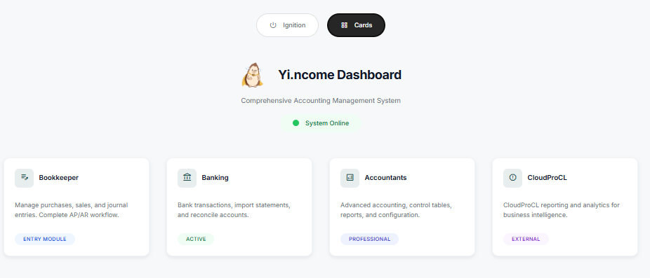 Yi.ncome Cards view - module cards with status